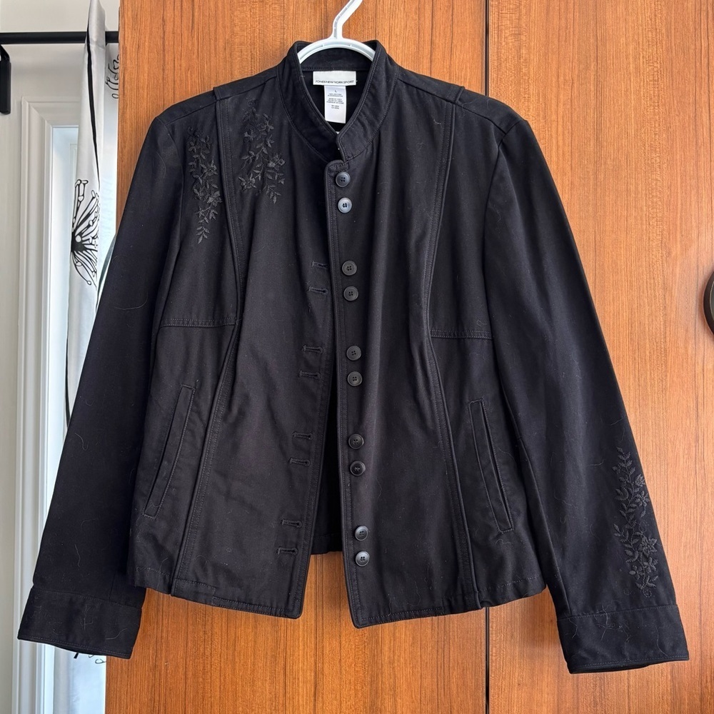 Jones New York Sport Black Cotton Floral Embroidered Jacket Size L